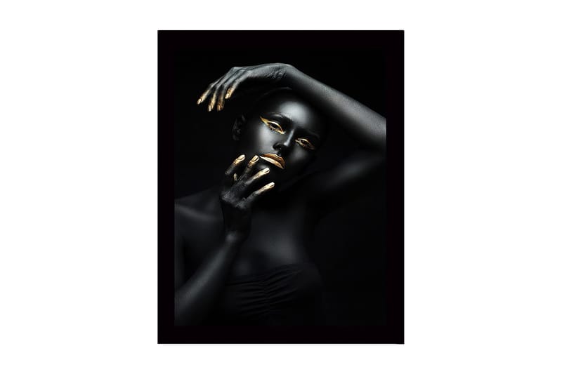 Kehystetty puutaulu canvasille - 41x56 cm - Muotokuva naisesta mustalla vartalomaalauksella ja kultaisilla yksityiskohdilla, Musta / Kulta