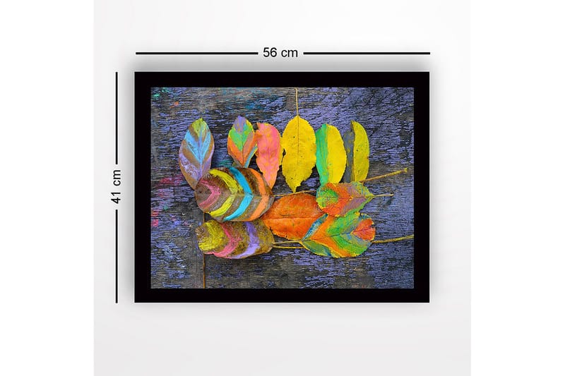 Kehystetty puinen canvas-taulu - 41x56 cm - Värikkäitä lehtiä tummalla pohjalla - Keltainen / Violetti / Vihreä - Sisustustuotteet - Taulu & taide