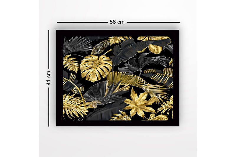 Kehystetty puutaulu canvasille - 41x56 cm - Ylellinen trooppisten lehtien kokoelma kultaisena ja mustana - Kulta / Musta - Sisustustuotteet - Taulu & taide