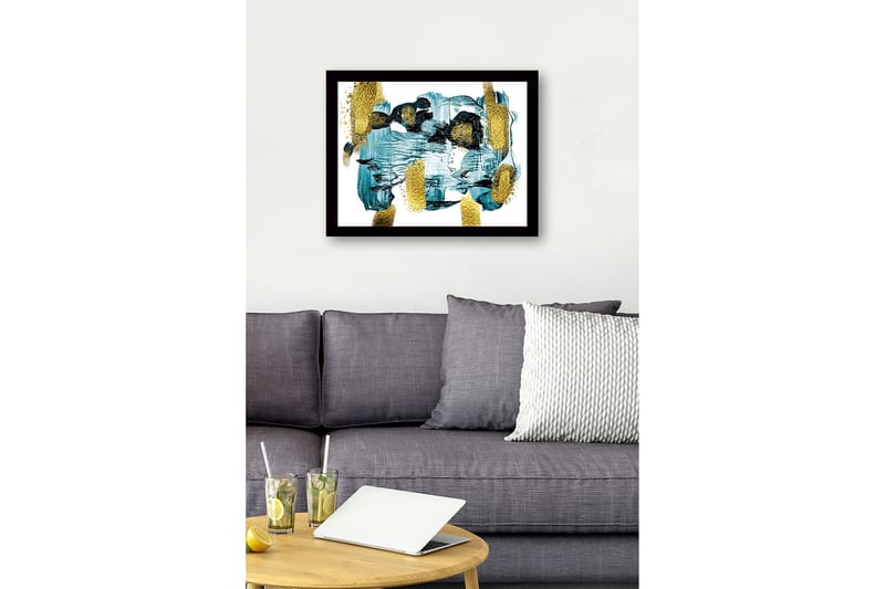 Kehystetty puukangas - 41x56 cm - Abstrakti sommitelma turkoosilla ja kultaisilla elementeillä - Turkoosi / Kulta - Sisustustuotteet - Taulu & taide