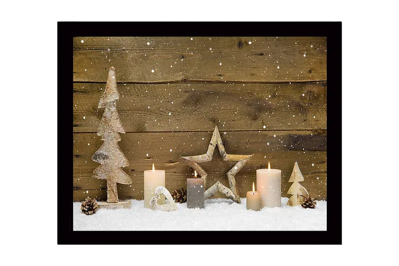 Kehystetty puutaulu canvasille - 41x56 cm - Talvimaisema puiden ja valojen koristeilla, Valkoinen / Beige / Ruskea