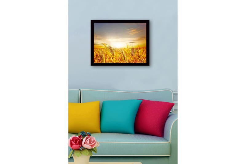 Kehystetty puutaulu canvasille - 41x56 cm - Kultaiset vehnäpellot auringonnousun aikana - Kulta / Oranssi / Vaaleansininen - Sisustustuotteet - Taulu & taide