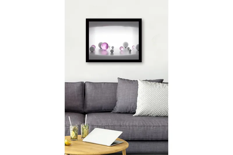 Kehystetty puukangas - 41x56 cm - Abstrakti sommitelma erikokoisista pallomaisista muodoista - Valkoinen / violetti - Sisustustuotteet - Taulu & taide