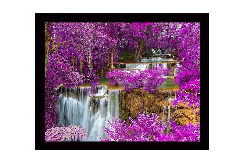 Kehystetty puutaulu canvasille - 41x56 cm - Värikäs vesiputous, jota ympäröivät violetit kukat ja vehreys, Violetti / Vihreä / Sininen