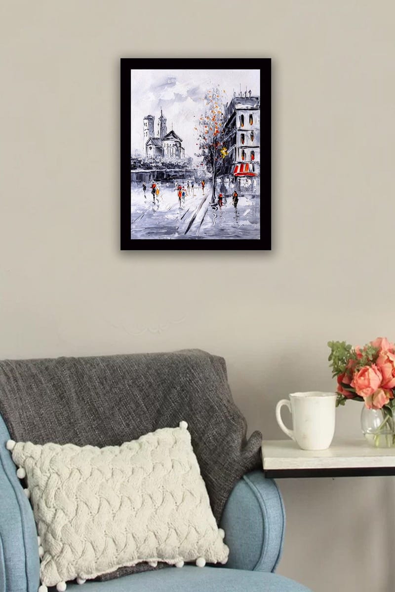 Kehystetty puucanvas - 41x56 cm - Vilkas kaupunkikuva ja ihmisiä kävelemässä syksyisessä ympäristössä - Harmaa / Oranssi / Punainen - Sisustustuotteet - Taulu & taide