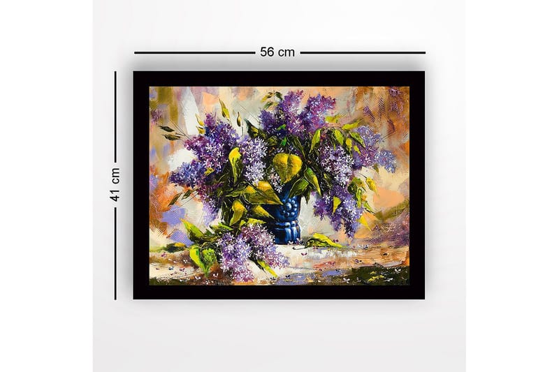 Kehystetty puutaulu canvasille - 41x56 cm - Värikäs syreenien kukkien kimppu sinisessä maljakossa - Violetti / Vihreä / Sininen - Sisustustuotteet - Taulu & taide