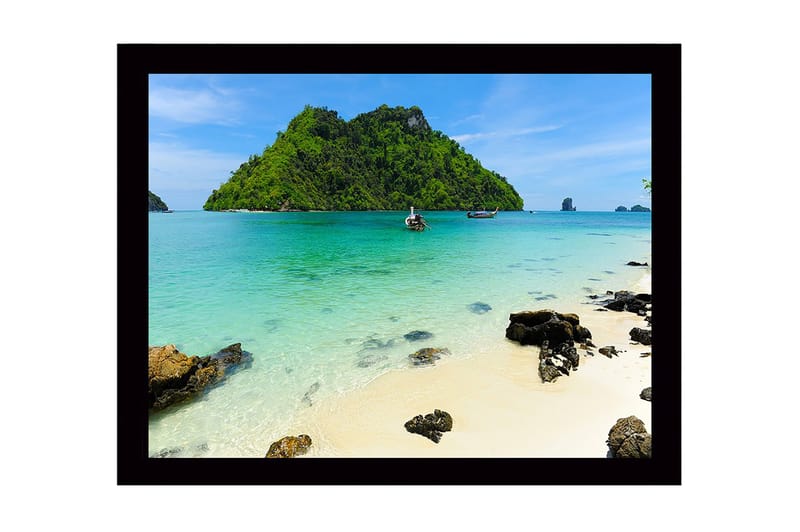 Kehystetty puutaulu canvas-taululla - 41x56 cm - Trooppinen ranta kirkkaan sinisellä vedellä ja rehevillä saarilla, Turkoosi / Vihreä / Beige