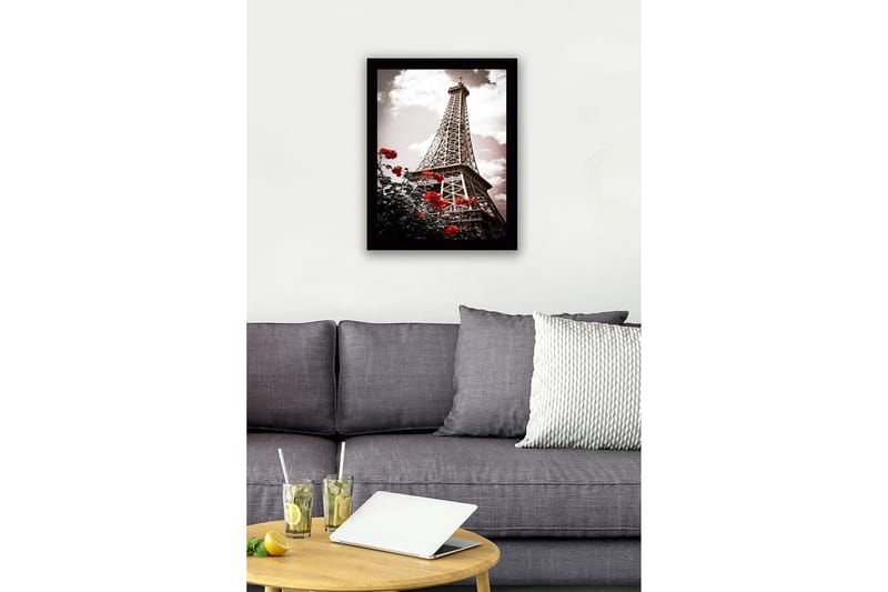Kehystetty puutaulu canvasille - 41x56 cm - Eiffel-torni punaisten ruusujen ympäröimänä - Punainen / Musta / Harmaa - Sisustustuotteet - Taulu & taide