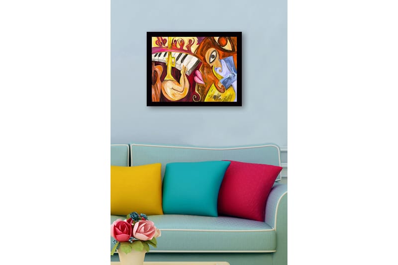 Kehystetty puukangas - 41x56 cm - Musiikillinen ilmaisu soittimilla ja kasvoilla - Keltainen / Punainen / Ruskea - Sisustustuotteet - Taulu & taide