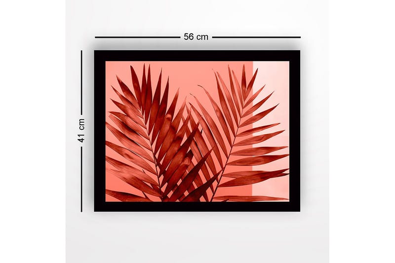 Kehystetty puutaulu canvasille - 41x56 cm - Suuret, tyylitellyt palmunlehdet punaisessa sävyssä - Punainen / Vaaleanpunainen - Sisustustuotteet - Taulu & taide