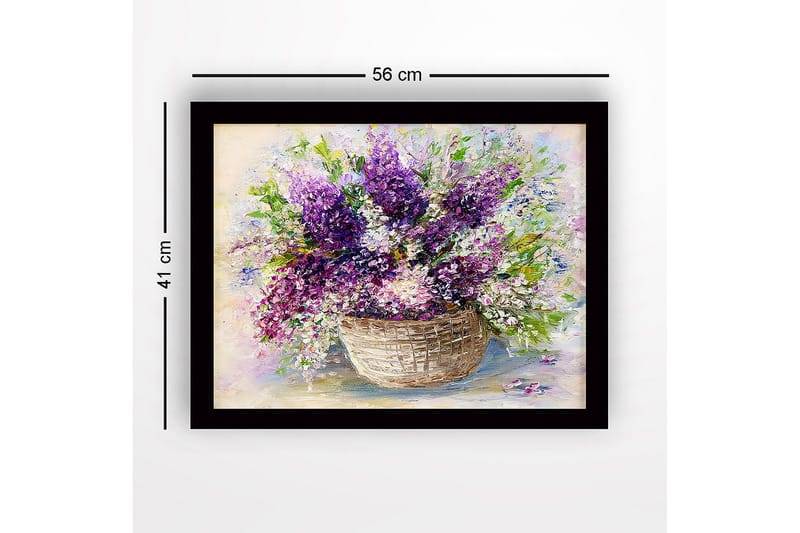 Kehystetty puutaulu canvasille - 41x56 cm - Värikäs liljakimppu korissa - Violetti / Vihreä / Valkoinen - Sisustustuotteet - Taulu & taide
