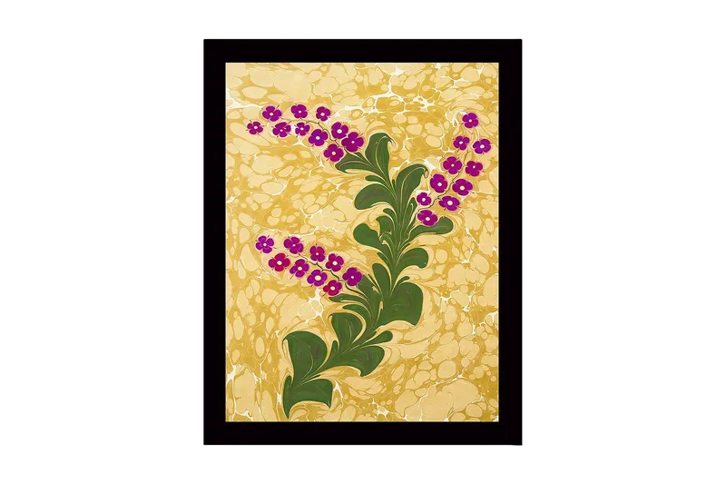 Kehystetty puutaulu canvasille - 41x56 cm - Vihreä kasvi violeteilla kukilla kultaista taustaa vasten, Kulta / Vihreä / Violetti