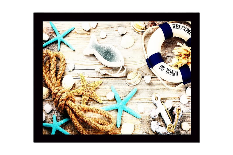 Kehystetty puutaulu canvasille - 41x56 cm - Merellinen rauha simpukoiden, tähtien ja pelastusrenkaan kera, Sininen / Beige / Oranssi
