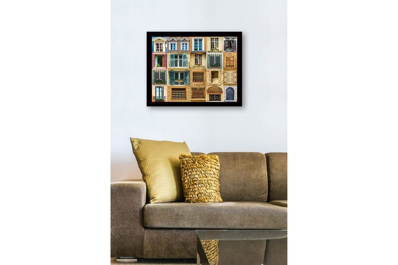 Kehystetty puutaulu canvasille - 41x56 cm - Värikkäät ikkunat ja parvekkeet kaupunkiympäristössä - Sininen / Beige / Ruskea - Sisustustuotteet - Taulu & taide