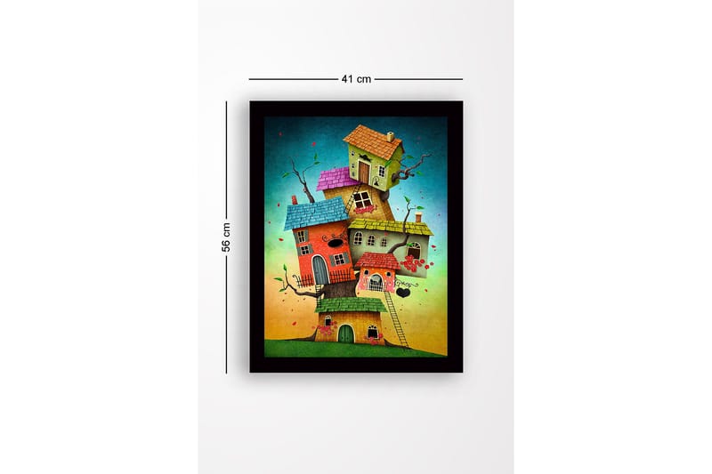 Kehystetty puutaulu canvasille - 41x56 cm - Mielikuvituksellinen rakennus useilla värikkäillä taloilla päällekkäin - Punainen / Vihreä / Sininen - Sisustustuotteet - Taulu & taide