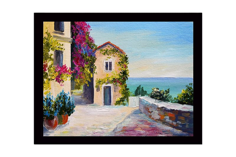 Kehystetty puutaulu canvasille - 41x56 cm - Kaunis rannikkonäkymä kukilla ja viehättävällä rakennuksella, Violetti / Vihreä / Sininen