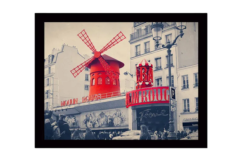 Kehystetty puutaulu canvasille - 41x56 cm - Punainen tuulimylly neonvaloilla Moulin Rouge -teatterissa, Punainen / Musta / Harmaa