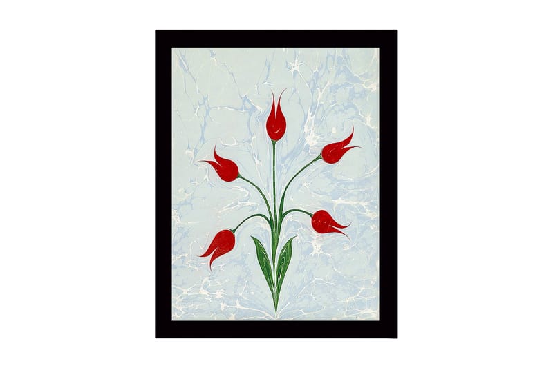Kehystetty puutaulu canvasille - 41x56 cm - Punaisia tulppaaneja vihreillä varsilla vaaleansinisellä pohjalla, Punainen / Vihreä / Vaaleansininen