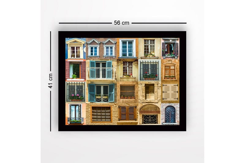 Kehystetty puutaulu canvasille - 41x56 cm - Värikkäät ikkunat ja parvekkeet kaupunkiympäristössä - Sininen / Beige / Ruskea - Sisustustuotteet - Taulu & taide