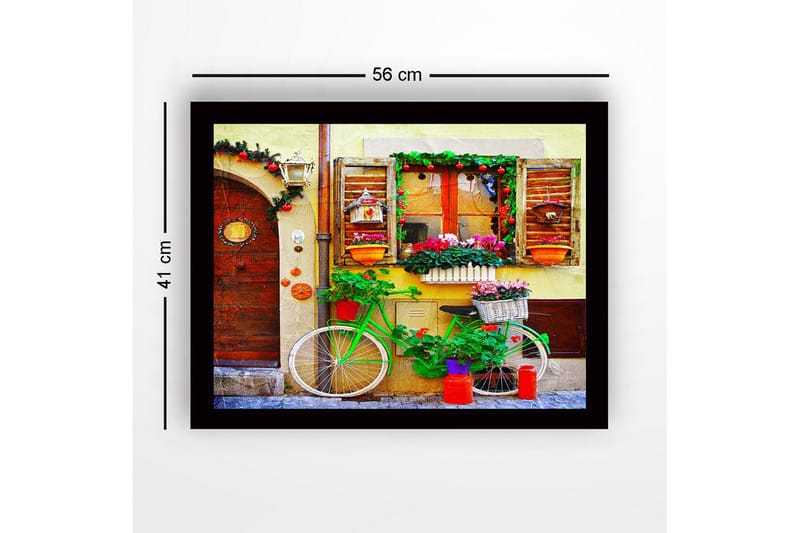 Kehystetty puutaulu canvasille - 41x56 cm - Värikäs polkupyörä kukilla ja koristeilla viehättävällä ovella - Vihreä / Punainen / Vaaleanpunainen - Sisustustuotteet - Taulu & taide
