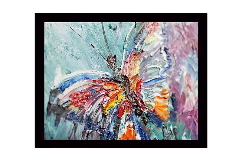 Kehystetty puupohjainen canvas - 41x56 cm - Värikäs perhonen yksityiskohtaisella tekstuurilla, Sininen / Punainen / Oranssi