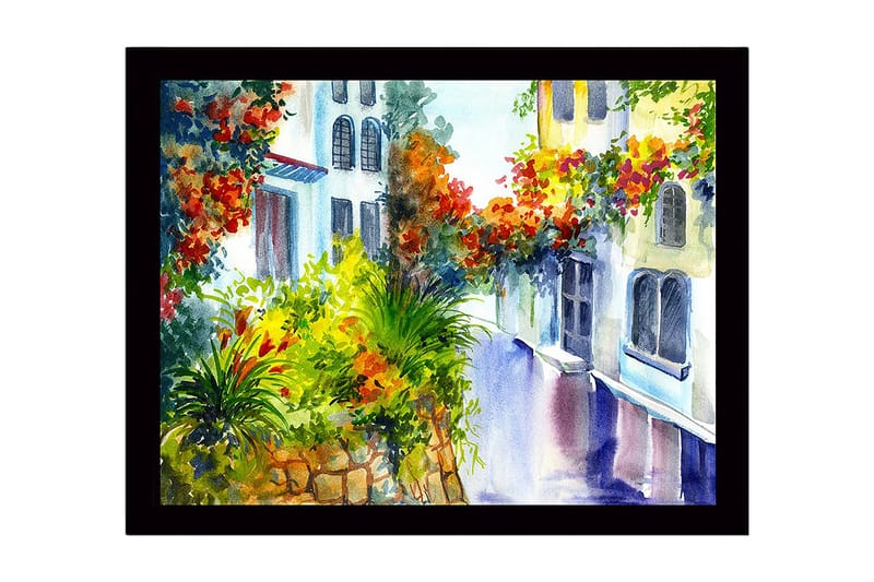 Kehystetty puutaulu canvas-taululla - 41x56 cm - Värikäs katu kukkivien kasvien ja talojen julkisivujen kanssa, Vihreä / Punainen / Keltainen