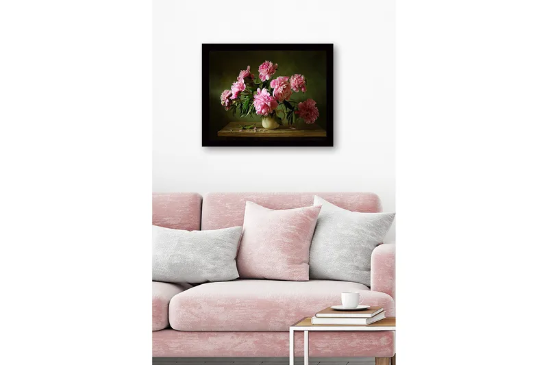 Kehystetty puutaulu canvasille - 41x56 cm - Värikäs pionikimppu keraamisessa maljakossa - Vaaleanpunainen / Vihreä / Beige - Sisustustuotteet - Taulu & taide