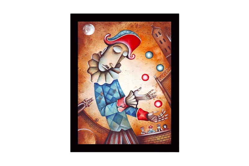 Kehystetty puutaulu canvasille - 41x56 cm - Klovni jonglööraa värikkäitä palloja, Punainen / Sininen / Beige