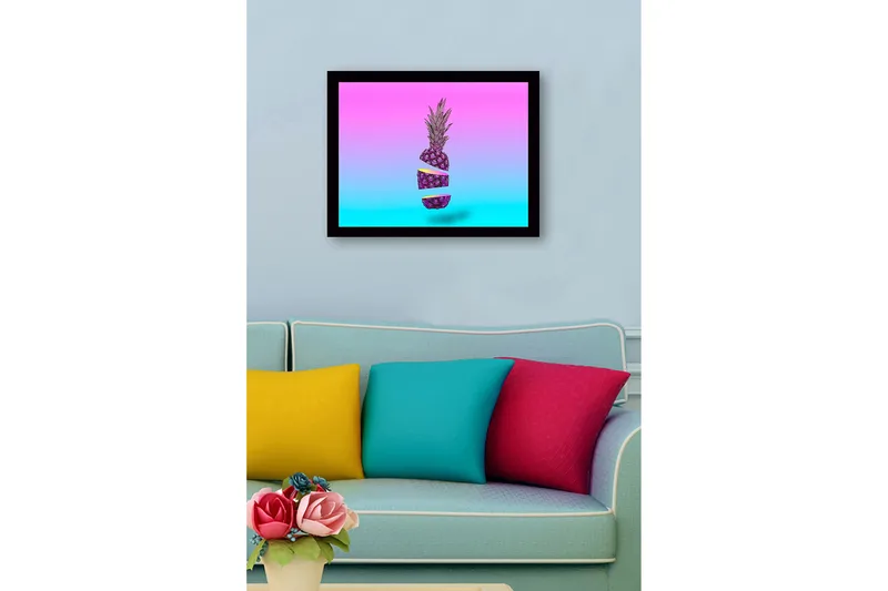 Kehystetty puukangas - 41x56 cm - Viipaloitu ananas surrealistinen sommitelma - Violetti / Vaaleanpunainen / Turkoosi - Sisustustuotteet - Taulu & taide