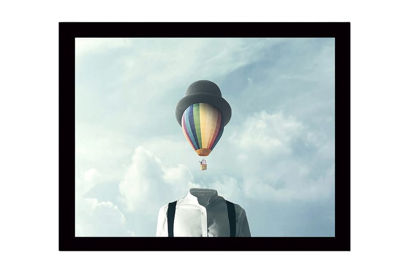 Kehystetty puutaulu canvasille - 41x56 cm - Päätön mies valkoisessa paidassa ja värikäs kuumailmapallo yläpuolella, Sininen / Vihreä / Punainen