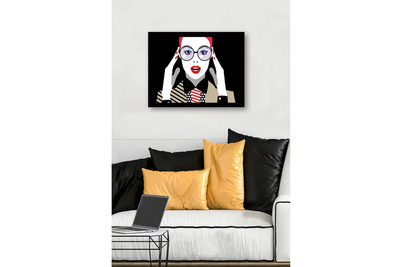 Kehystetty puinen canvas-taulu - 41x56 cm - Muotokuva naisesta, jolla on suuret silmälasit ja punainen huulipuna - Punainen / Musta / Valkoinen - Sisustustuotteet - Taulu & taide