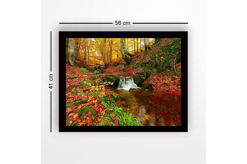 Kehystetty puutaulu canvasille - 41x56 cm - Kaunis metsä ja solina puro syksyn väreissä - Punainen / Oranssi / Vihreä - Sisustustuotteet - Taulu & taide