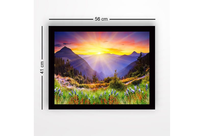 Kehystetty puukangas - 41x56 cm - Upea auringonnousu vuorten ja laaksojen yllä - Kulta / Violetti / Vihreä - Sisustustuotteet - Taulu & taide