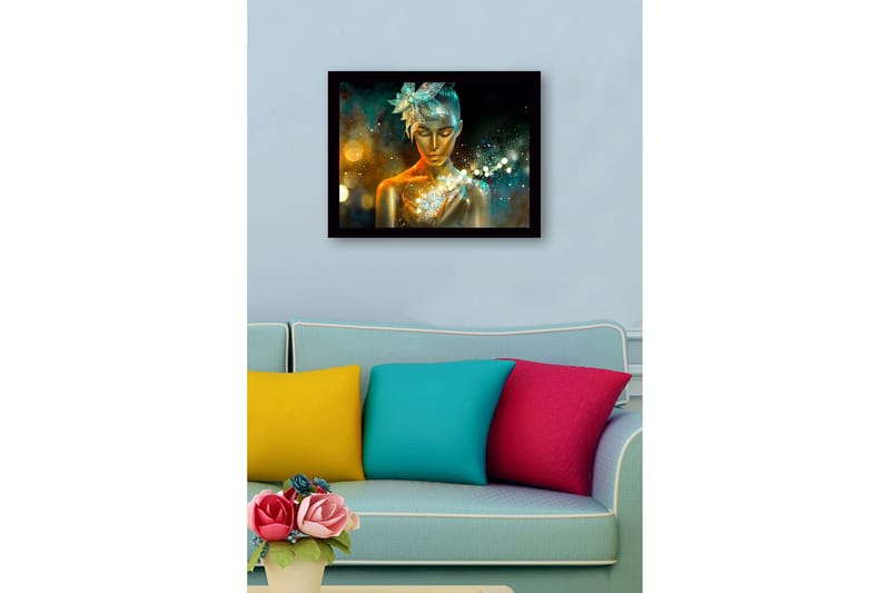 Kehystetty puutaulu canvasille - 41x56 cm - Säihkyvä nainen kultaisella iholla ja kukka hiuksissaan - Kulta / Turkoosi / Oranssi - Sisustustuotteet - Taulu & taide