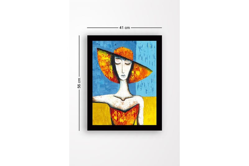 Kehystetty puutaulu canvasille - 41x56 cm - Nainen suuressa hatussa kirkkaissa väreissä - Oranssi / Sininen / Keltainen - Sisustustuotteet - Taulu & taide