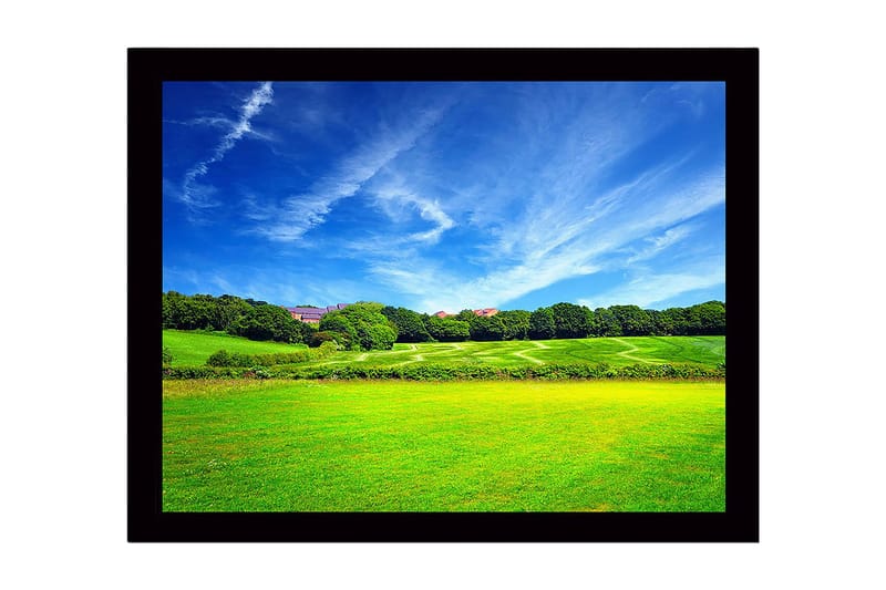 Kehystetty puutaulu canvasille - 41x56 cm - Rehevä maisema rehevillä niityillä ja sinisellä taivaalla, Vihreä / Sininen