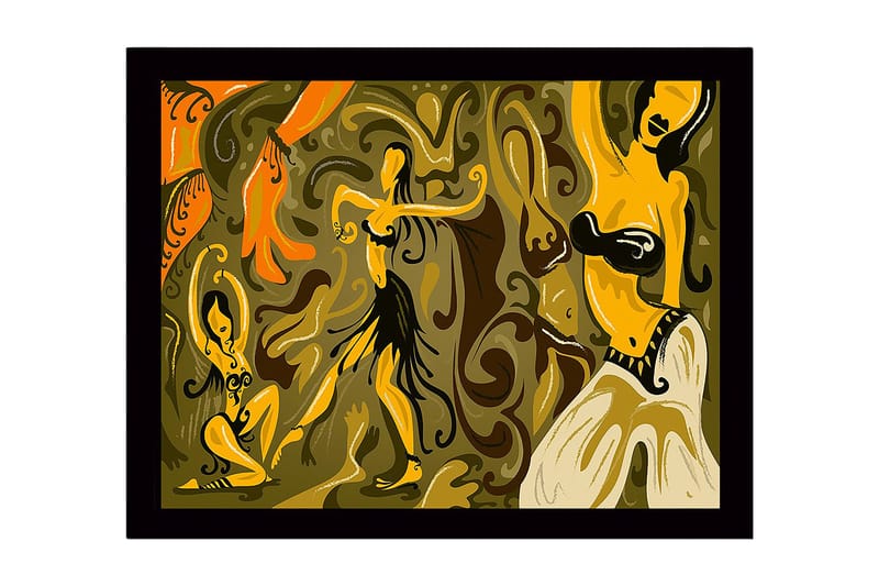 Kehystetty puutaulu canvasille - 41x56 cm - Tanssivia naisia värikkäässä ja abstraktissa sommitelmassa, Kulta / Oranssi / Ruskea