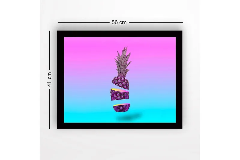 Kehystetty puukangas - 41x56 cm - Viipaloitu ananas surrealistinen sommitelma - Violetti / Vaaleanpunainen / Turkoosi - Sisustustuotteet - Taulu & taide