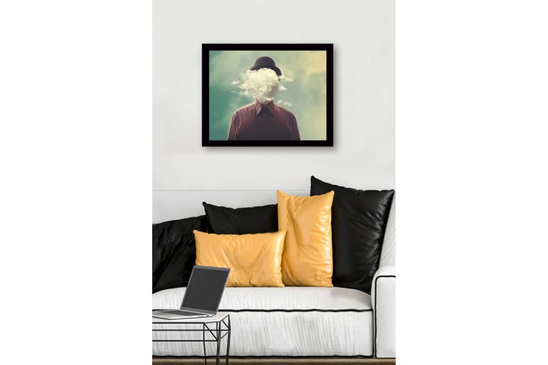 Kehystetty puutaulu canvasille - 41x56 cm - Mies, jonka pilvinen pää leijuu unenomaisen taustan yllä - Vihreä / Ruskea / Valkoinen - Sisustustuotteet - Taulu & taide