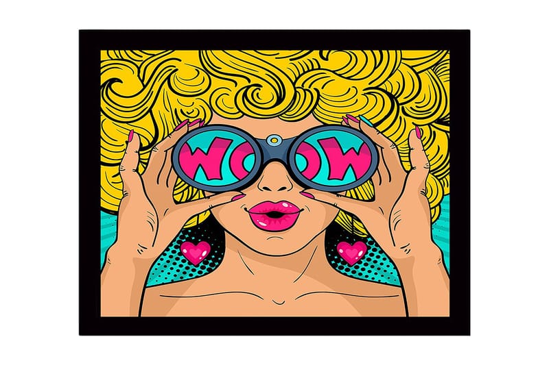 Kehystetty puutaulu canvasille - 41x56 cm - Lumoava nainen suurissa aurinkolaseissa ja kiharissa vaaleissa hiuksissa, Keltainen / Vaaleanpunainen / Turkoosi