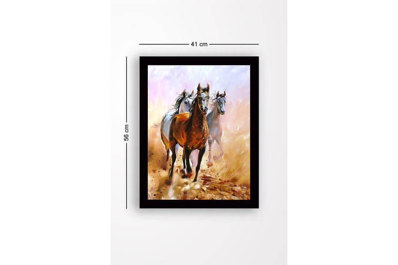 Kehystetty puutaulu canvasille - 41x56 cm - Kolme hevosta liikkumassa pölyisessä maisemassa - Ruskea / Valkoinen / Beige - Sisustustuotteet - Taulu & taide