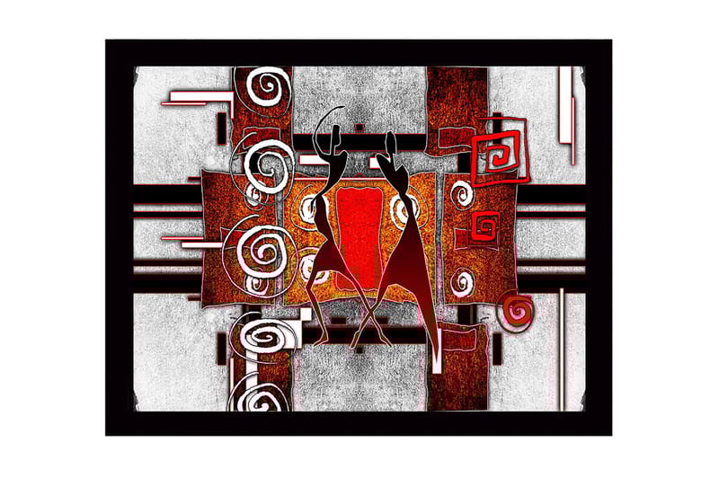 Kehystetty puukangas - 41x56 cm - Abstrakti sommitelma kahdella tanssivalla hahmolla, Punainen / Musta / Valkoinen