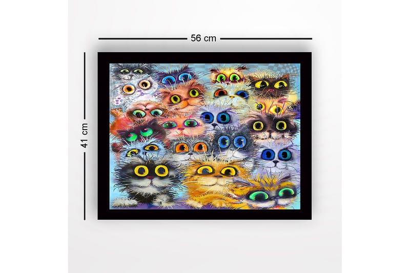 Kehystetty puutaulu canvasille - 41x56 cm - Värikäs kokoelma kissan naamoja suurilla silmillä - Oranssi / Musta / Sininen - Sisustustuotteet - Taulu & taide