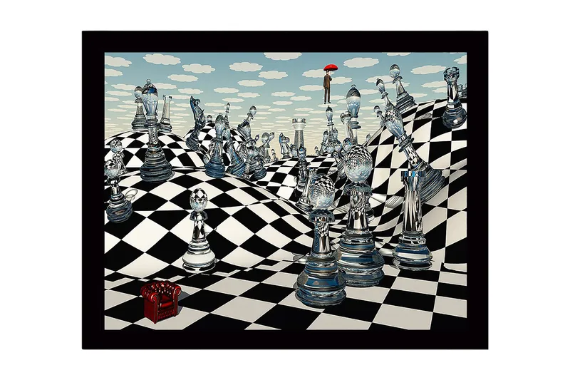 Kehystetty puutaulu canvas-taululla - 41x56 cm - Mielikuvituksellinen shakkimaisema läpinäkyvillä shakkinappuloilla ja sateenvarjoa kantavalla hahmolla, Sininen / Musta / Valkoinen