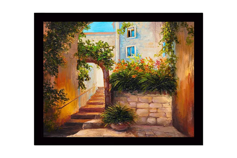 Kehystetty puutaulu canvas-taululla - 41x56 cm - Aurinkoinen kuja kukkivien kasvien ja kivettyjen portaiden kanssa, Vihreä / Oranssi / Beige