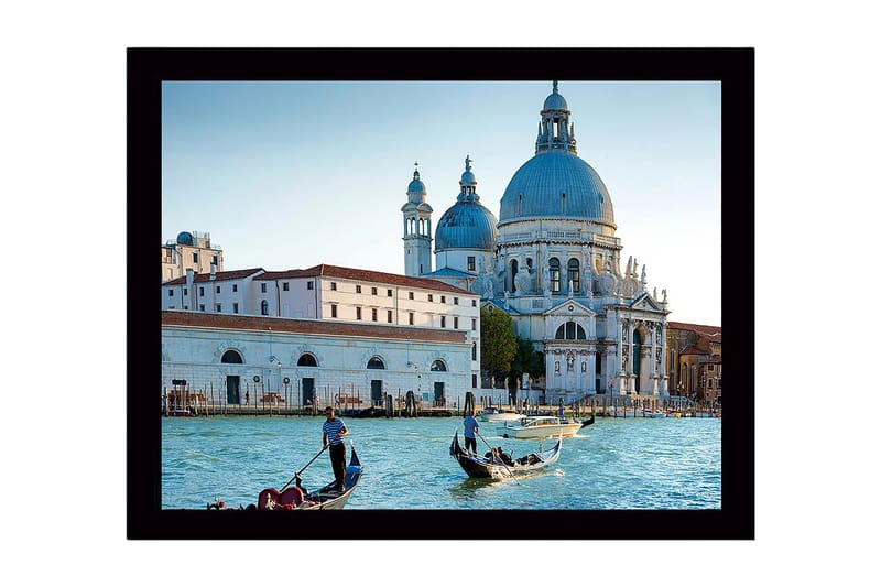 Kehystetty puinen canvas-taulu - 41x56 cm - Kaunis näkymä venetsialaisille gondoleille historiallisessa rakennuksessa, Sininen / Valkoinen / Harmaa