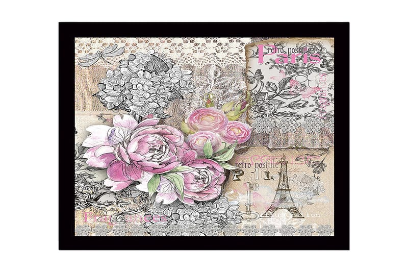 Kehystetty puutaulu canvasille - 41x56 cm - Kukkasommitelma ruusuilla ja vintage-elementeillä, Vaaleanpunainen / Harmaa / Beige