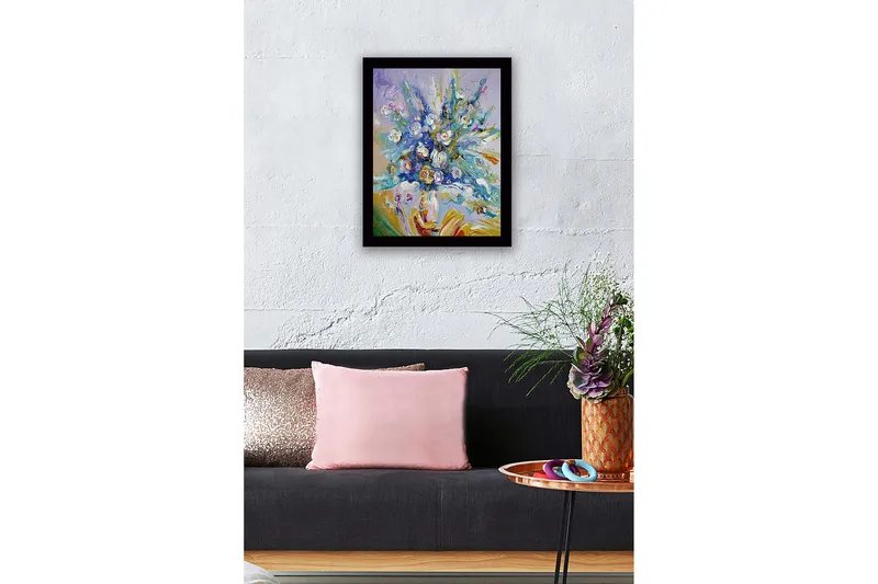 Kehystetty puutaulu canvasille - 41x56 cm - Värikäs kukkakimppu kirkkaissa sävyissä - Sininen / Valkoinen / Vihreä - Sisustustuotteet - Taulu & taide