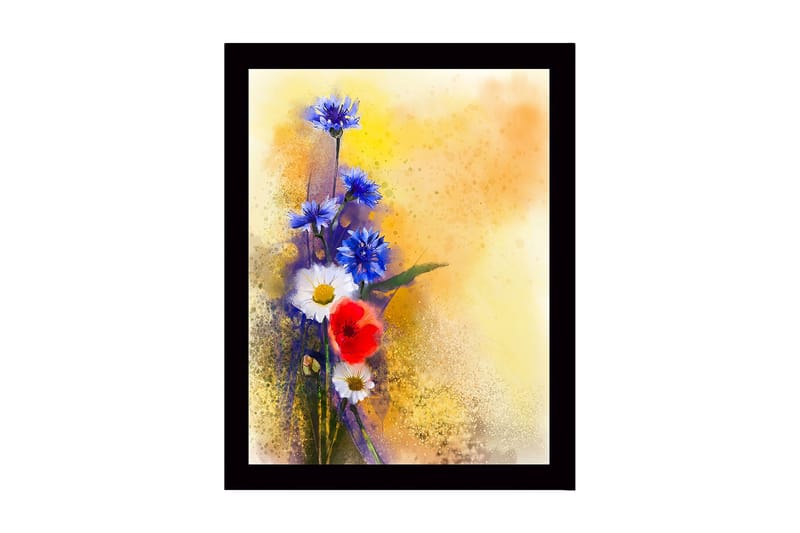 Kehystetty puutaulu canvasille - 41x56 cm - Värikäs kukkakimppu sinisillä ja punaisilla elementeillä, Sininen / Punainen / Valkoinen