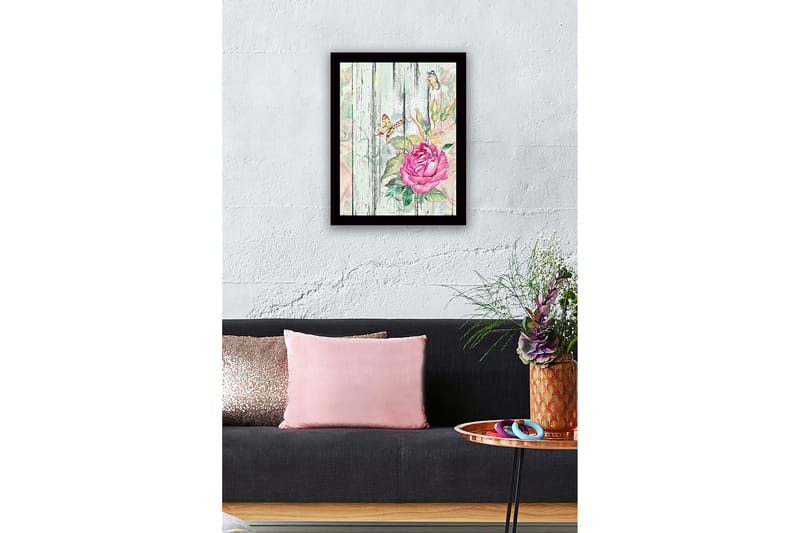 Kehystetty puutaulu canvasille - 41x56 cm - Vaaleanpunainen kukka perhosilla puisella pohjalla - Vaaleanpunainen / Vihreä / Beige - Sisustustuotteet - Taulu & taide